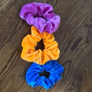 neon purple orange and blue scrunchies